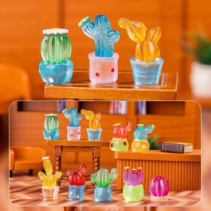 Glowing Cactus Landscape Micro Landscape Resin Crafts DIY Decoration Accessories Car Miniature Statue Simple Style