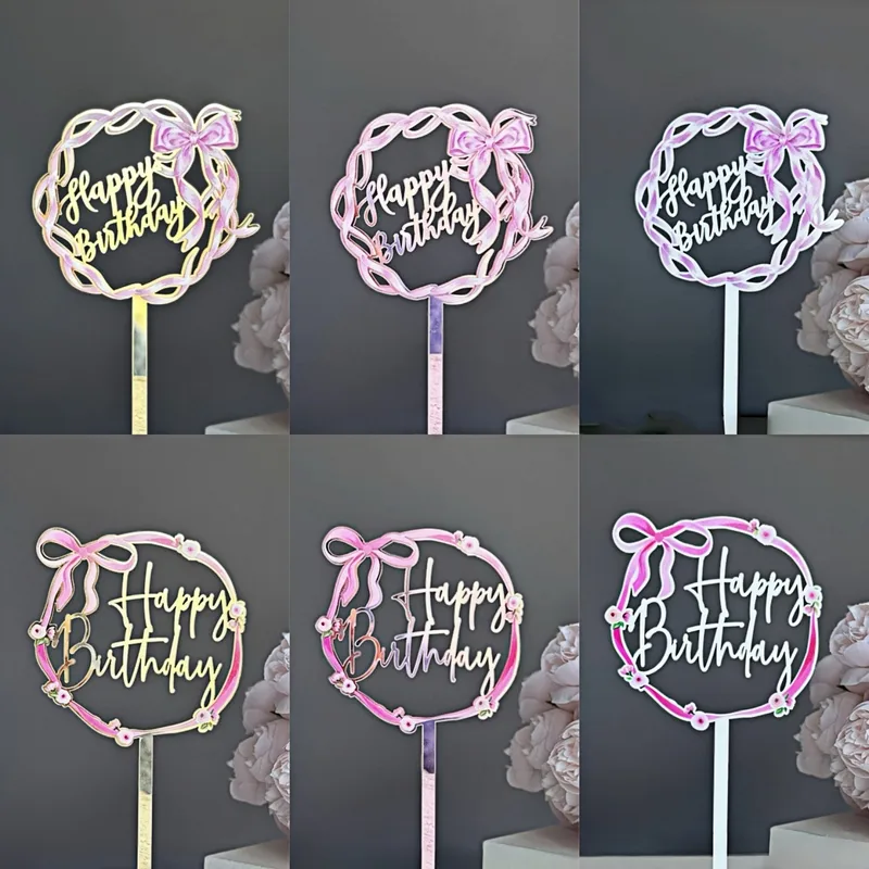 Acrylic Bow Birthday Cake Decoration UV Color Printing Party Supplies Holiday Decoration Plastic Material