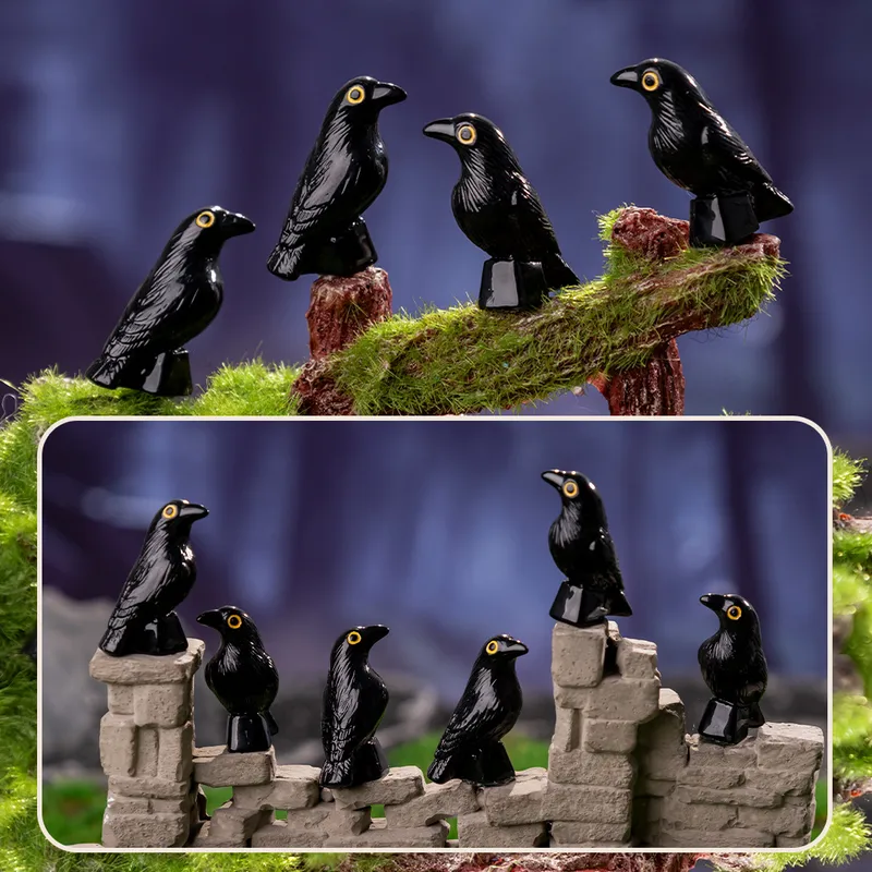 Halloween Black Head Tilt Crow Resin Decorations DIY Cute Small Animal Handmade Particles Figurine Cartoon Style