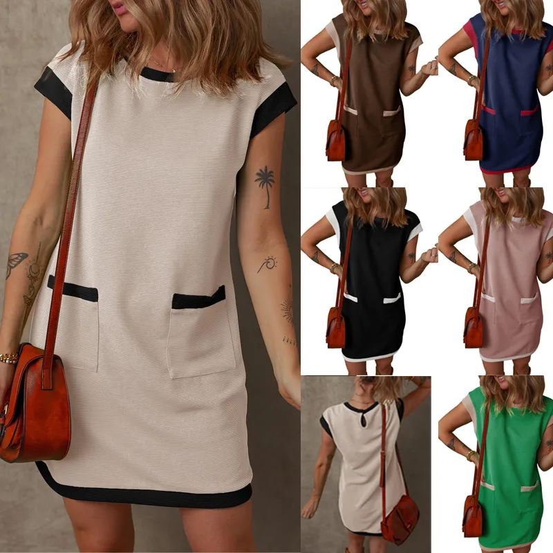 Spring Summer T-shirt Mini Dress Women Pullover Pocket Design Straight Sleeve Cover Up Dress European Style Street Fashion