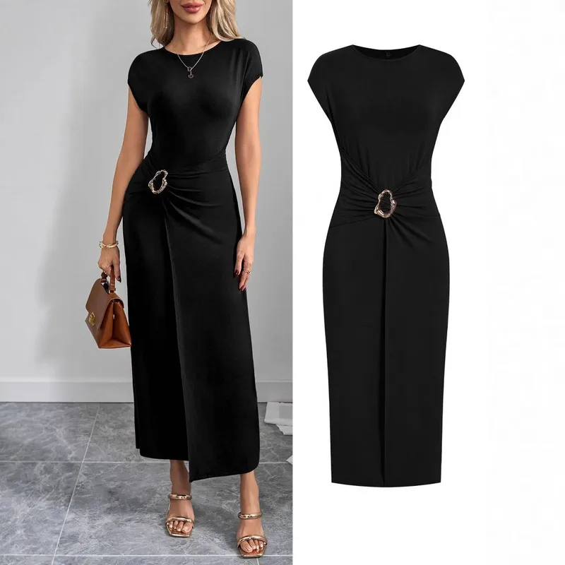 Summer New Women's Long Slim Round Neck Solid Color Dress Commuter Vacation High Waist Ankle Knitted Dress