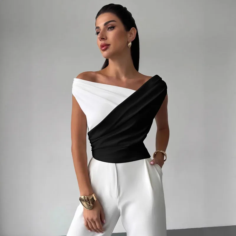 Slim-Fit Assorted Colors Shoulder Ruffle Detail Commuter Top Women's Elegant Style Short Sleeveless T-shirt Solid Color