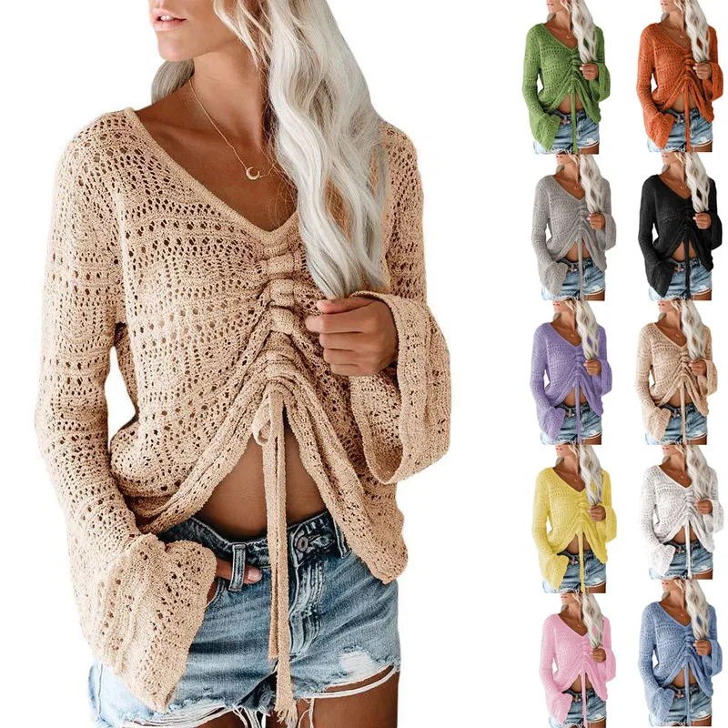 Summer Beach Style Women's Knitted Sweater Off-the-Shoulder Hollow-out Bell Sleeve Drawstring Loose Long Sleeve Top