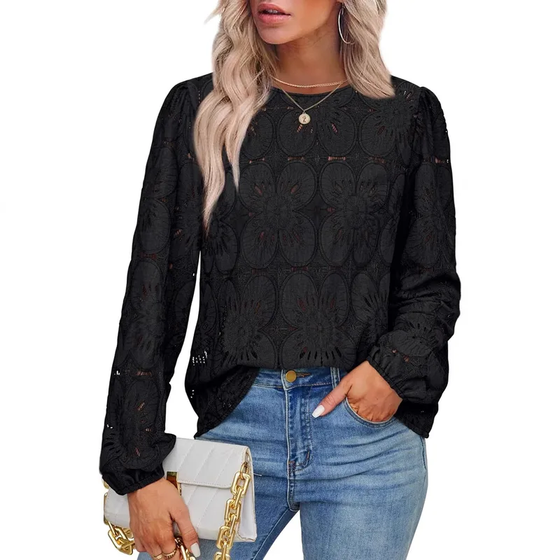Casual Lace Hollow Out Long Sleeve Women's Shirt Loose Design Spring And Summer New  Style Solid Color Polyester