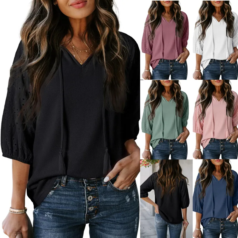 Spring And Summer Ladies' V-neck T-shirt Hollow Out Solid Color Sleeveless Floral Rope Pattern Loose Mid-Length Top