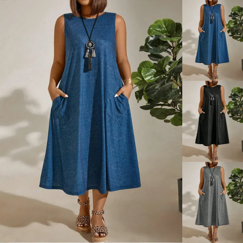 Elegant Commuter Style Plus Size Women's Dress Round Neck Pocket Sleeveless Solid Color Ankle-Length Polyester Umbrella Skirt