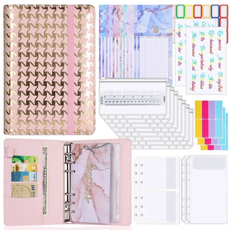 Creative Leather Ring Loose Leaf Notebook Suitable For Financial Planner Accounting Notebook Pink XINGX Marble Design With Storage And Stickers