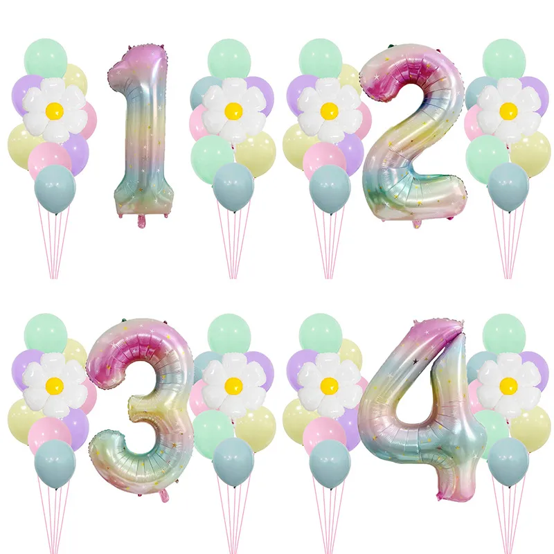 40 "Gradient Rainbow XINGX Number Aluminum Foil Daisy Theme Balloon Set Suitable For Birthday Party Decorations And Celebrations
