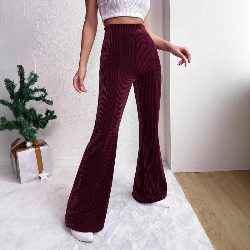 Slim High Waist Stretch Velvet Plaid Bell-Bottom Pants Casual Trousers Fashion New  Style