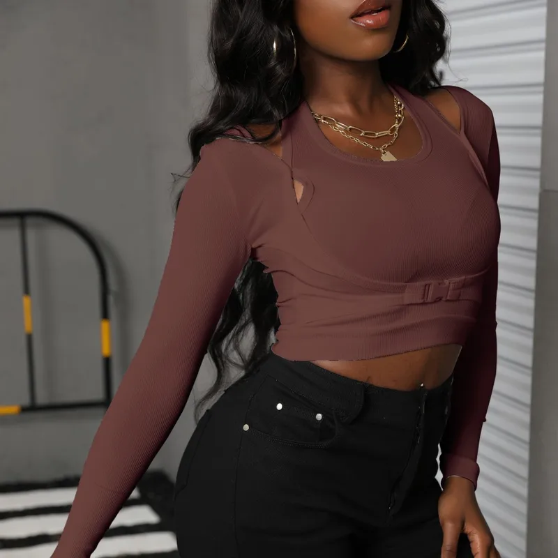 Casual Long-Sleeved Round Neck Knitted Top Short Slim-Fit Belly-Exposed Bottoming Shirt Autumn Winter Cotton Polyester Blend