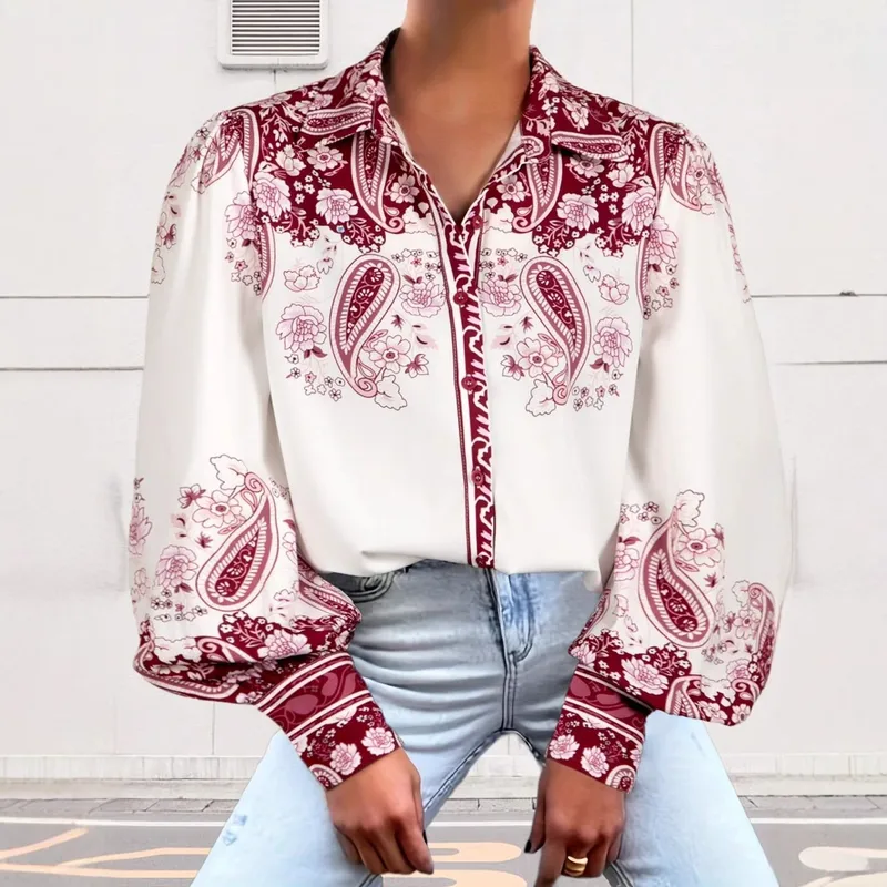 Casual Fashion Women's Long-Sleeved Blouse Collar Printed Top Versatile Spring And Autumn New  Style Polyester Fabric