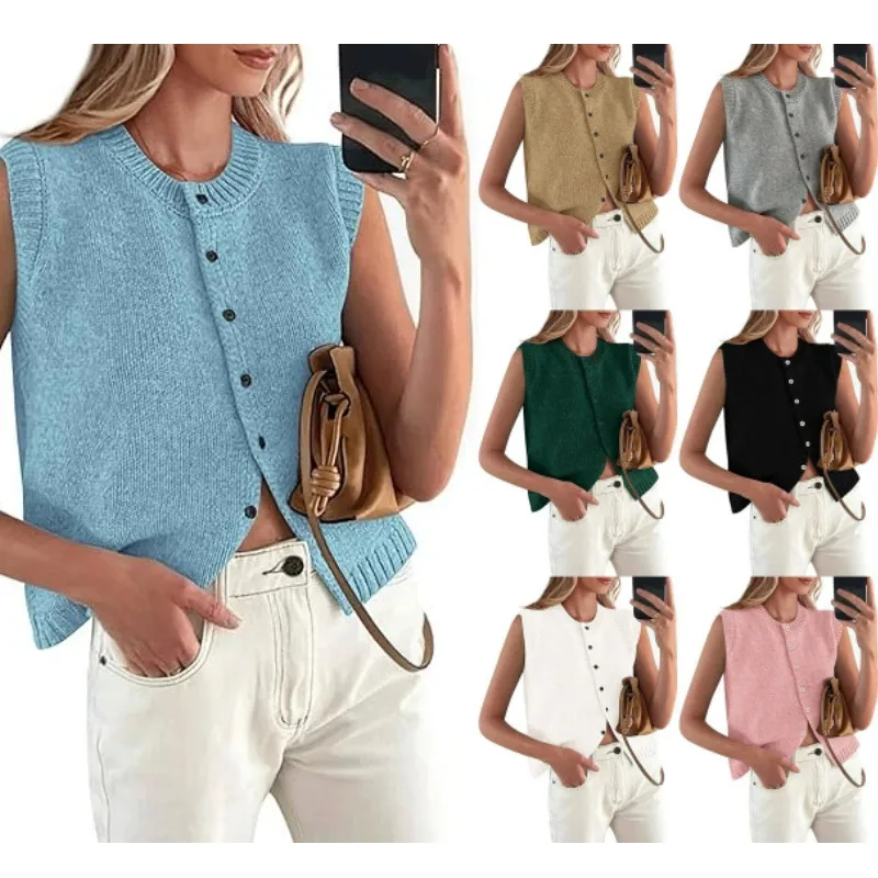 Casual Short Sleeveless Knitted Vest   Single Button Hot Selling Women's Fashion Street Style Top