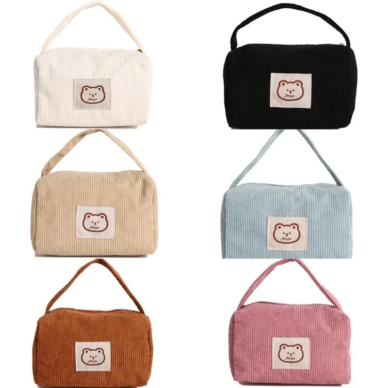 Women's Corduroy Bear Vacation Square Zipper Handbag