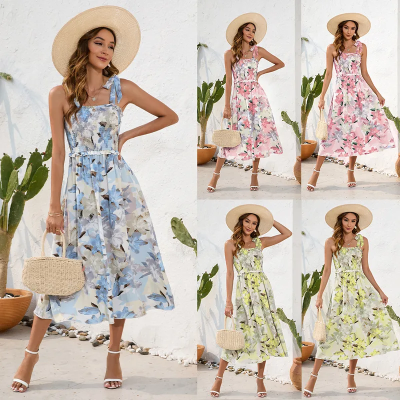 Flower Printing Slip Dress Summer Smocking Dress Leisure Vacation Travel Dress