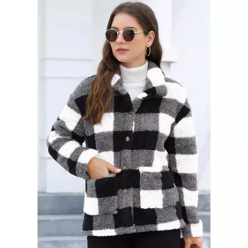 Style Women Plaid Plush Coat Patch Pocket Versatile Long Sleeve Winter Fashion Casual Jacket