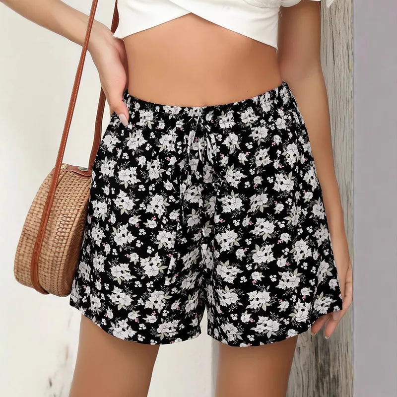 Leisure Summer Floral Print Elastic Waistband Shorts