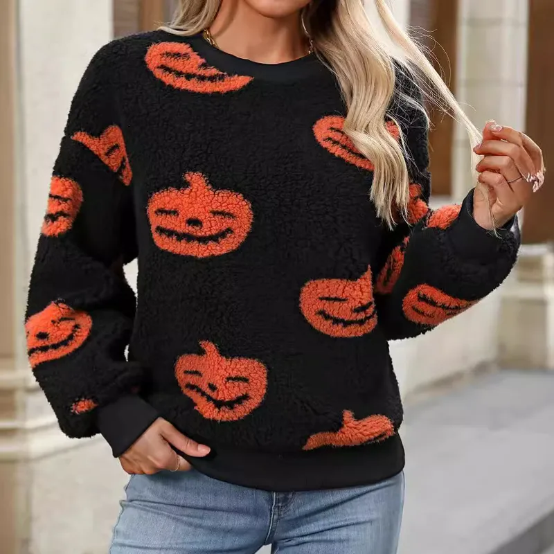Flash Velvet    Women's Autumn And Winter New  Halloween Printed Plush Loose Pullover Sweatershirt