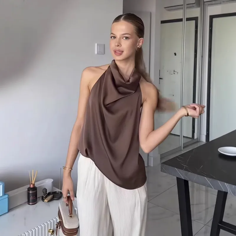 Women's Clothing Ins Internet Hot Silk Satin Texture Graceful And Fashionable Hanging Collar Top