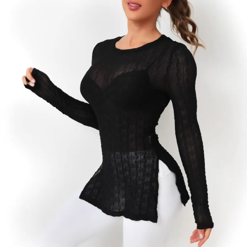 Spring And Summer See-through Elastic Net Women New Sexy Hollow Out Beach Sun Protection Blouse Long Sleeve Round Neck T