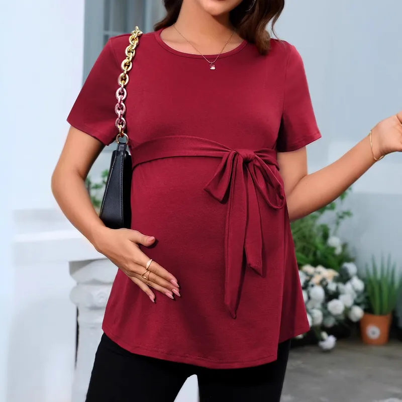 Women's Round-Neck Short Sleeve Top Belt Solid Color Maternity T-shirt