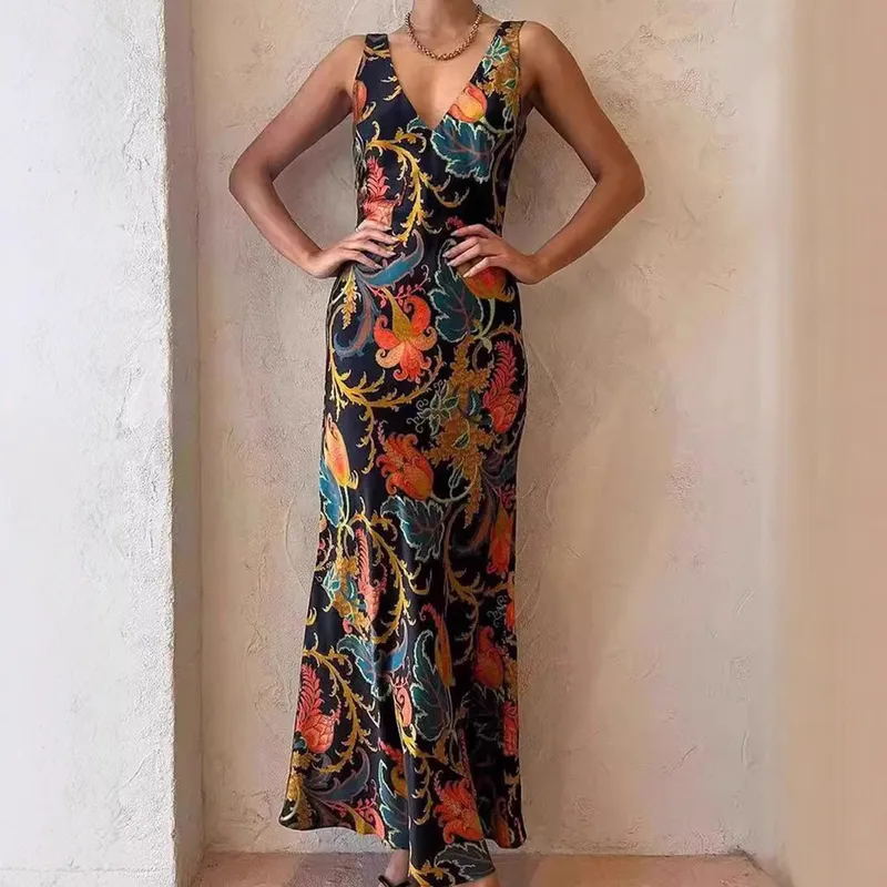 Hot Products Positioning Printing Backless Sleeveless Swing Long Dress
