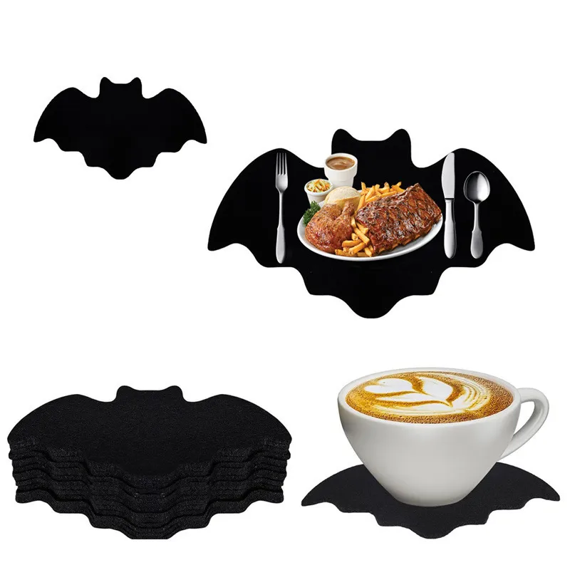 Felt Bat Placemat Halloween Table Mat Black Bat Non-Slip Heat Resistant Tableware Mat Party Dining-Table Decoration Supplies