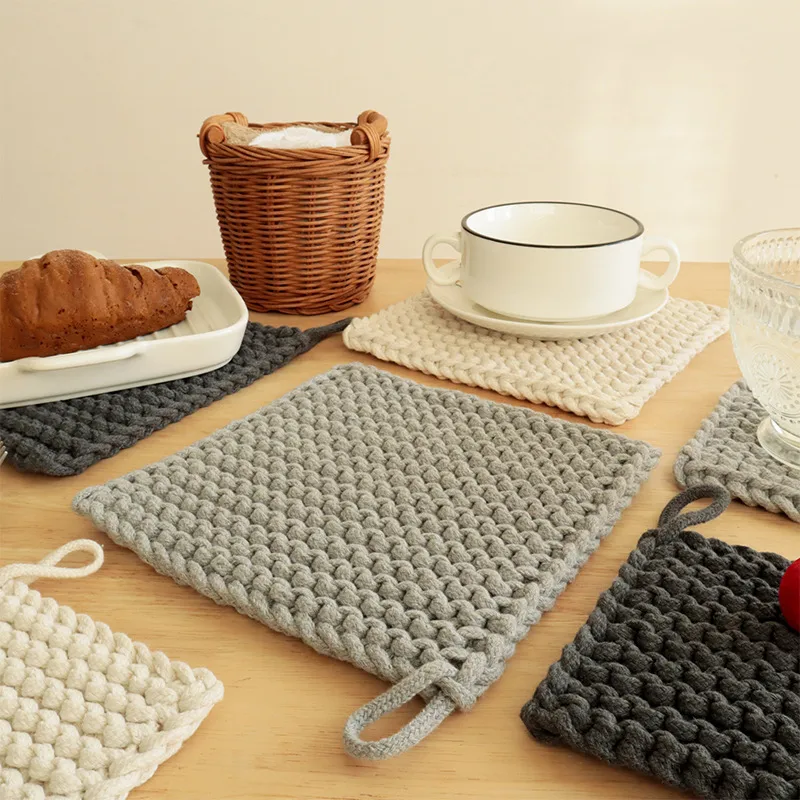New Style Handmade Woven Coaster Plain Cotton String Square Heat Proof Mat Teacup Mat Simple Placemat