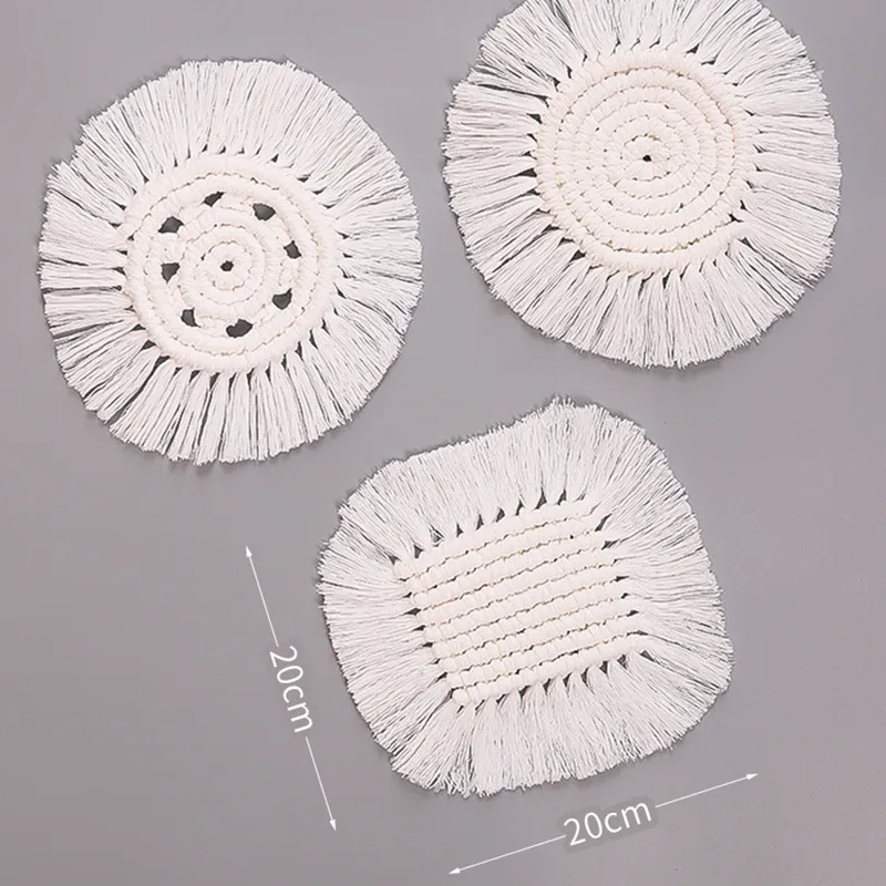 Factory Wholesale Nordic Style Hand-Woven Cotton String Coaster Heat Proof Mat White Tassel Desktop Simple Decorative Pad