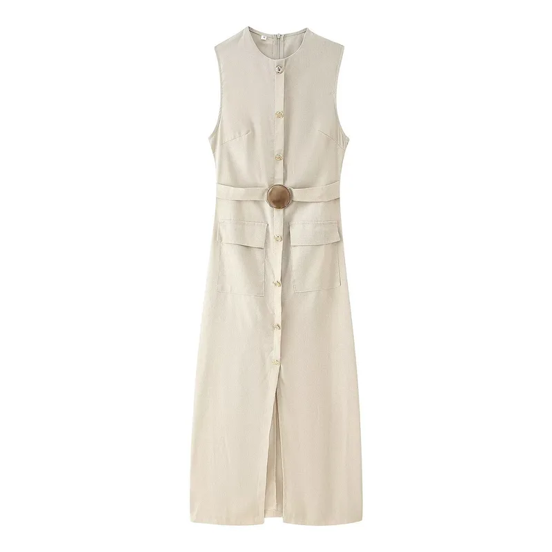 Elegant Midi Dress Fashionable Knotted Mixed Fabric Women's Summer New Arrival Dress Stylish High Waist A-Line Gown