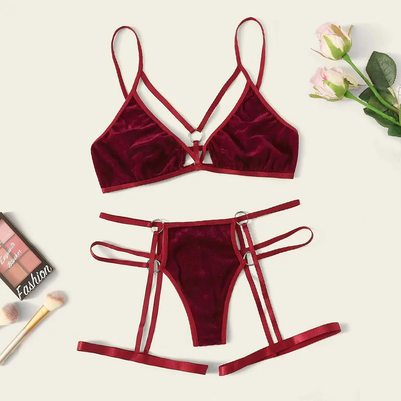 New Product Perspective Golden Velvet Sexy Lingerie Set Three-point Garter Seductive Sexy Lingerie Wholesale Nihaowholesale